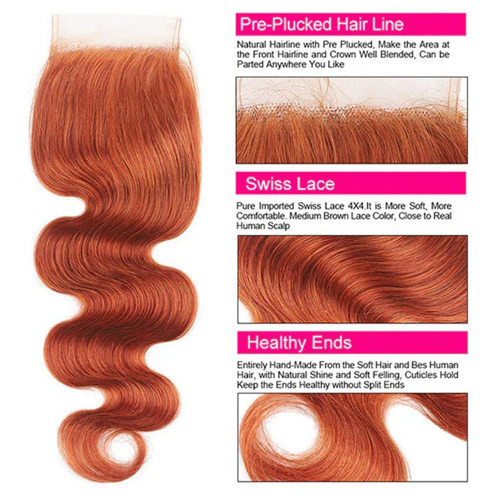Ginger Orange Hair Bundles with Closure 4x4 Body Wave/Straight Human Hair Bundles with Closure - Msgem Hair