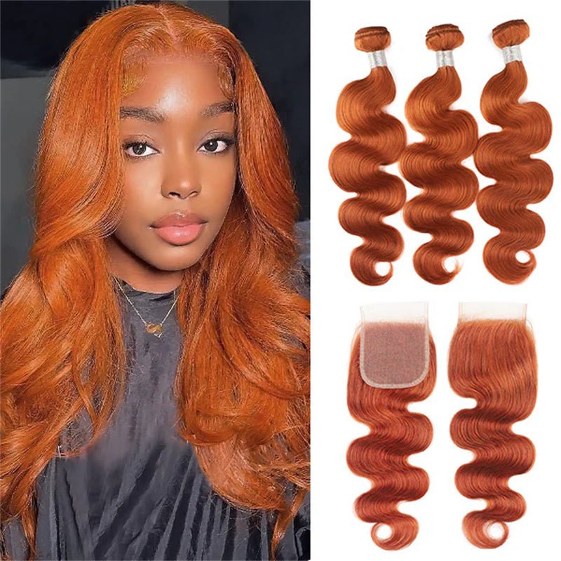 Ginger Orange Hair Bundles with Closure 4x4 Body Wave/Straight Human Hair Bundles with Closure - Msgem Hair