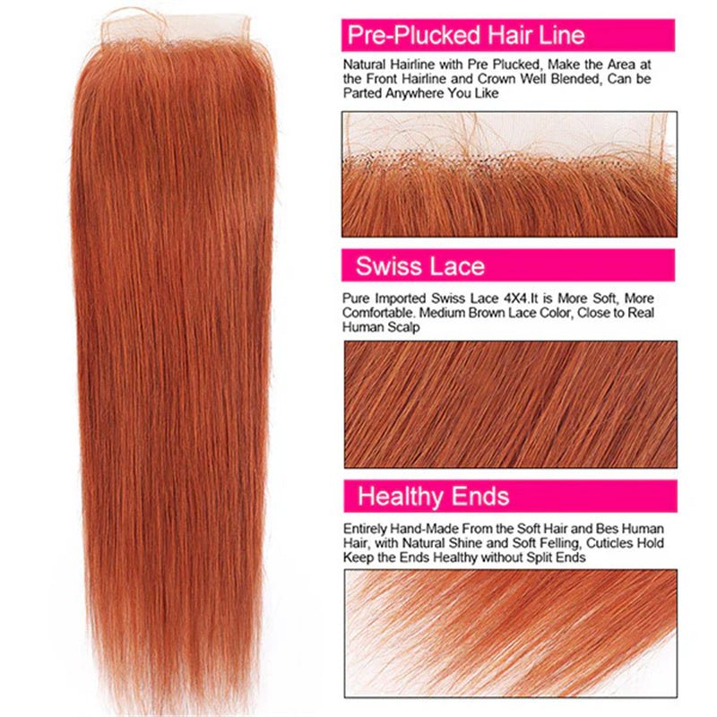 Ginger Orange Hair Bundles with Closure 4x4 Body Wave/Straight Human Hair Bundles with Closure - Msgem Hair