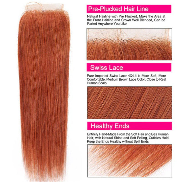 Ginger Orange Hair Bundles with Closure 4x4 Body Wave/Straight Human Hair Bundles with Closure - Msgem Hair