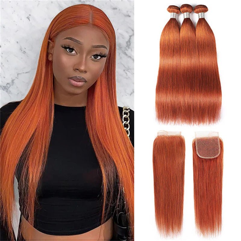 Ginger Orange Hair Bundles with Closure 4x4 Body Wave/Straight Human Hair Bundles with Closure - Msgem Hair