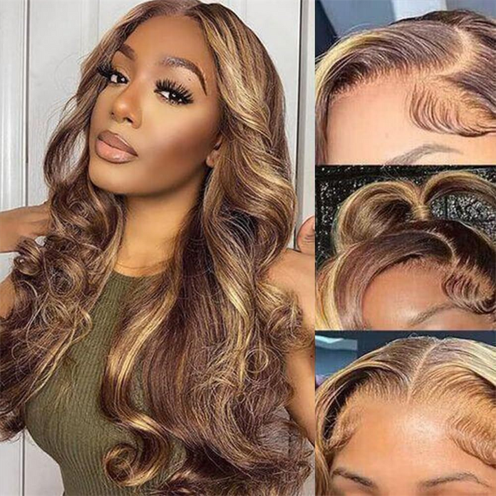 Msgem 13x6 Full Lace Wigs P4/27 Highlight Glueless Wigs Body Wave With Invisi Drawstring