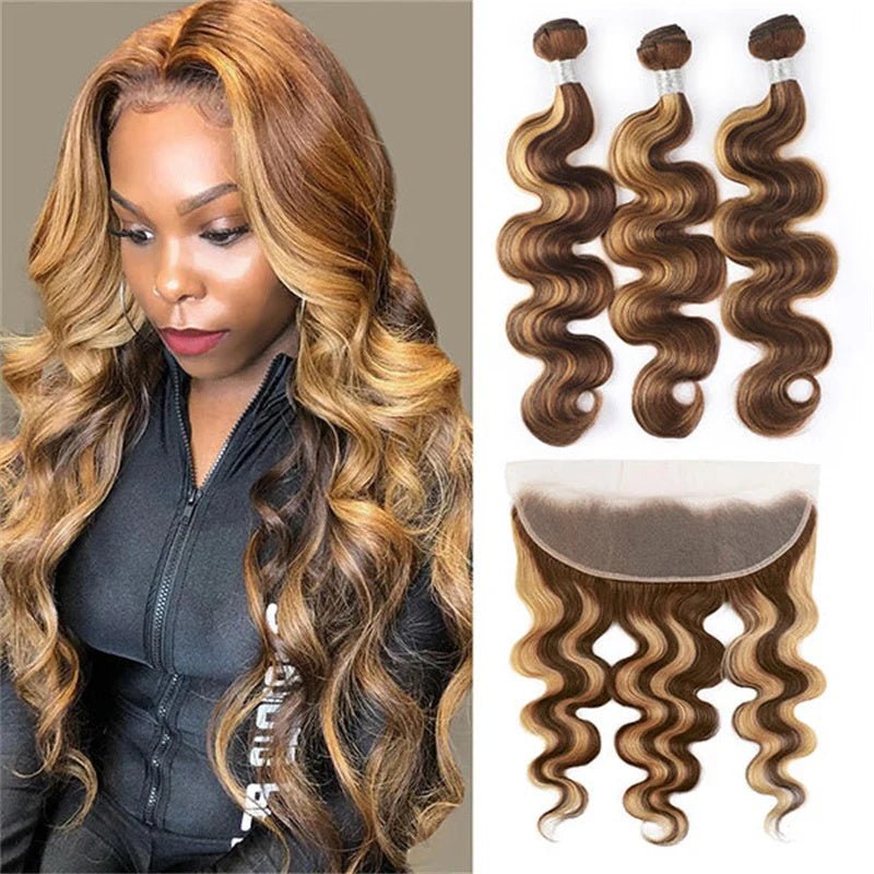 Highlight Body Wave Hair Brazilian Human Hair 3 Bundles with Frontal 13x4 Lace Closure - Msgem Hair