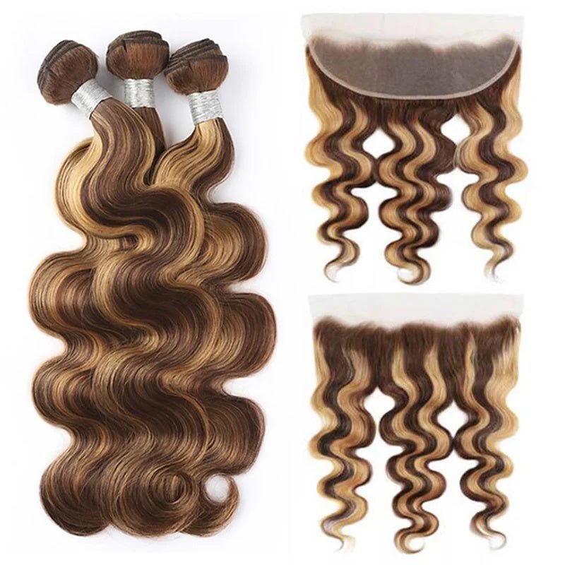Highlight Body Wave Hair Brazilian Human Hair 3 Bundles with Frontal 13x4 Lace Closure - Msgem Hair