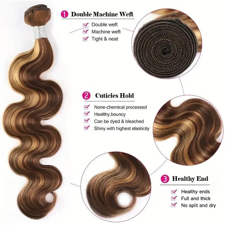 Highlight Body Wave Hair Brazilian Human Hair 3 Bundles with Frontal 13x4 Lace Closure - Msgem Hair