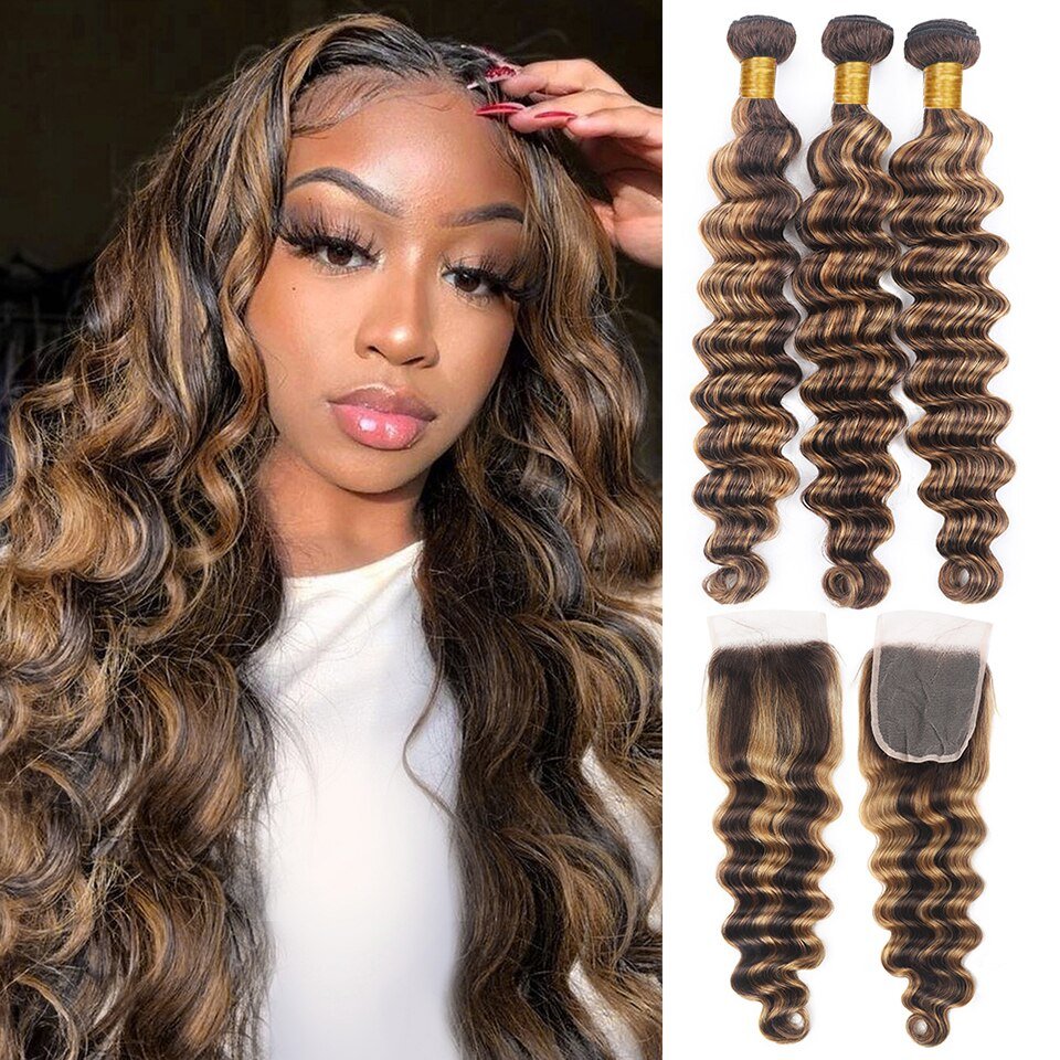 Highlight P4/27 Loose Deep Wave 3 Bundles With 4x4 Lace Closure 100% Real Human Hair - Msgem Hair