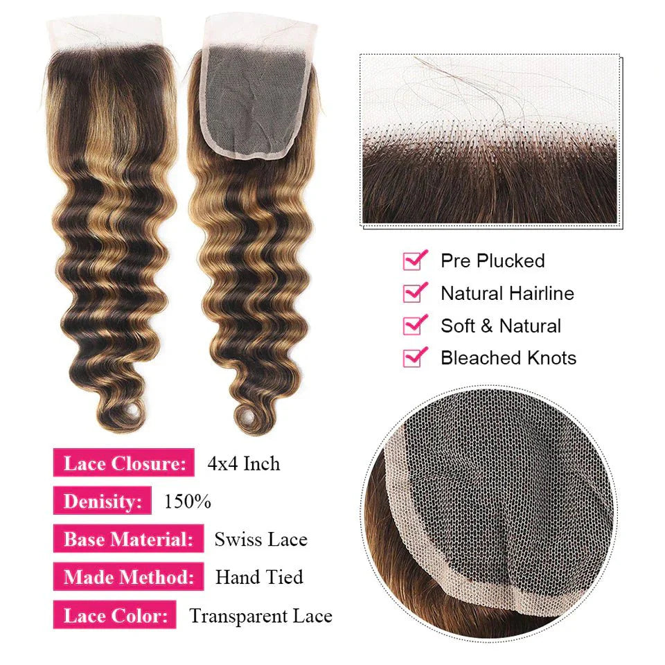 Highlight P4/27 Loose Deep Wave 3 Bundles With 4x4 Lace Closure 100% Real Human Hair - Msgem Hair