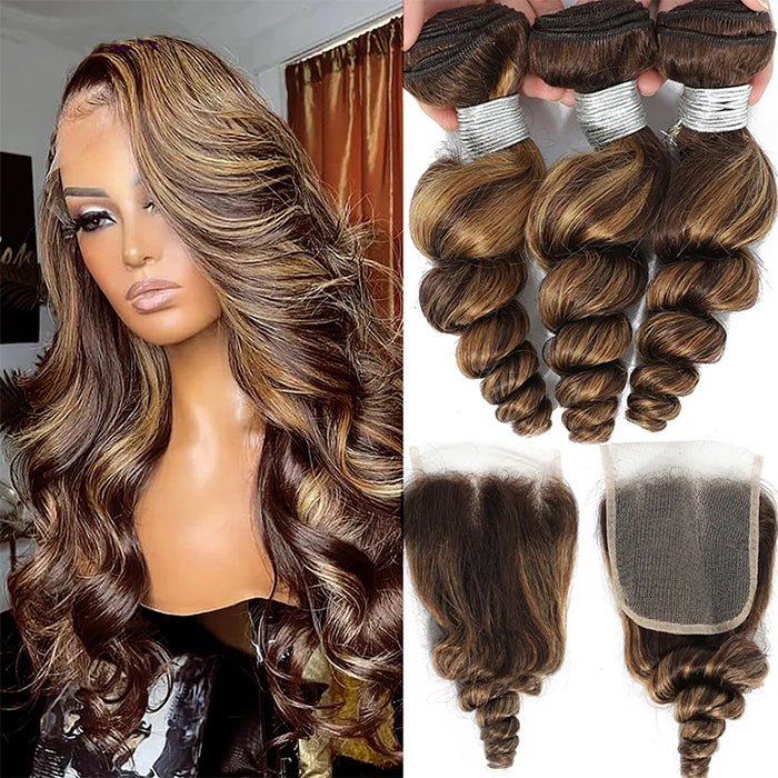 Highlight P4/27 Loose Wave Bundles with 4X4 Closure 100% Real Human Hair - Msgem Hair