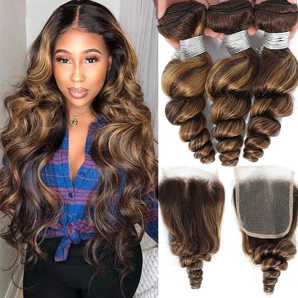 Highlight P4/27 Loose Wave Bundles with 4X4 Closure 100% Real Human Hair - Msgem Hair