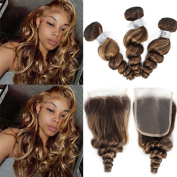 Highlight P4/27 Loose Wave Bundles with 4X4 Closure 100% Real Human Hair - Msgem Hair