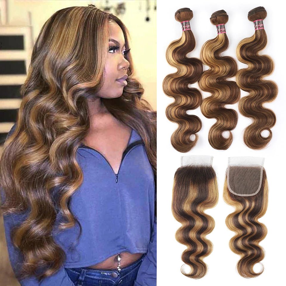 Highlight P4/27 Ombre Body Wave 3 Bundles With 4X4 Lace Closure 100% Real Human Hair - Msgem Hair