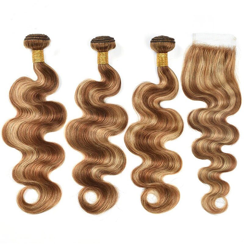 Highlight P4/27 Ombre Body Wave 3 Bundles With 4X4 Lace Closure 100% Real Human Hair - Msgem Hair