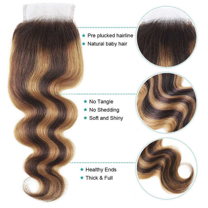 Highlight P4/27 Ombre Body Wave 3 Bundles With 4X4 Lace Closure 100% Real Human Hair - Msgem Hair