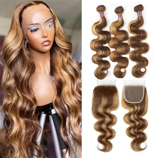 Highlight P4/27 Ombre Body Wave 3 Bundles With 4X4 Lace Closure 100% Real Human Hair - Msgem Hair