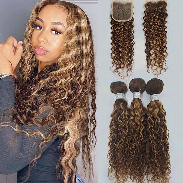 Highlight P4/27 Water Wave 3 Bundles With 4X4 Lace Closure 100% Virgin Human Hair - Msgem Hair