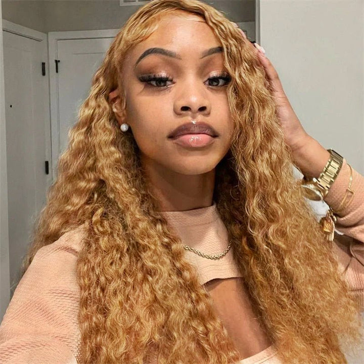 Honey Blonde 13x6 Water Wave Lace Frontal Wigs Human Hair Transparent Lace Frontal Wig Pre Plucked Wat and Wavy Curly Virgin Human Hair Wigs - Msgem Hair