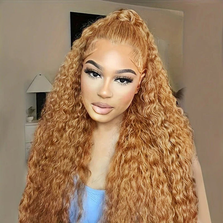Honey Blonde 13x6 Water Wave Lace Frontal Wigs Human Hair Transparent Lace Frontal Wig Pre Plucked Wat and Wavy Curly Virgin Human Hair Wigs - Msgem Hair