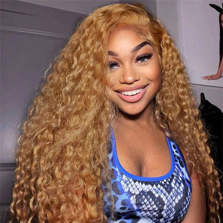 Honey Blonde 13x6 Water Wave Lace Frontal Wigs Human Hair Transparent Lace Frontal Wig Pre Plucked Wat and Wavy Curly Virgin Human Hair Wigs - Msgem Hair