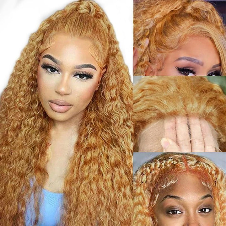 Honey Blonde 13x6 Water Wave Lace Frontal Wigs Human Hair Transparent Lace Frontal Wig Pre Plucked Wat and Wavy Curly Virgin Human Hair Wigs - Msgem Hair