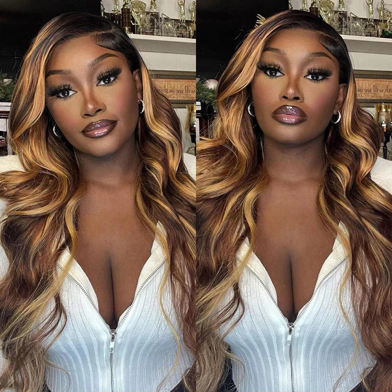Honey Blonde Highlight Brown Ombre Color Wavy Free Part Melt 3 Bundles With 4x4 Lace Closure - Msgem Hair