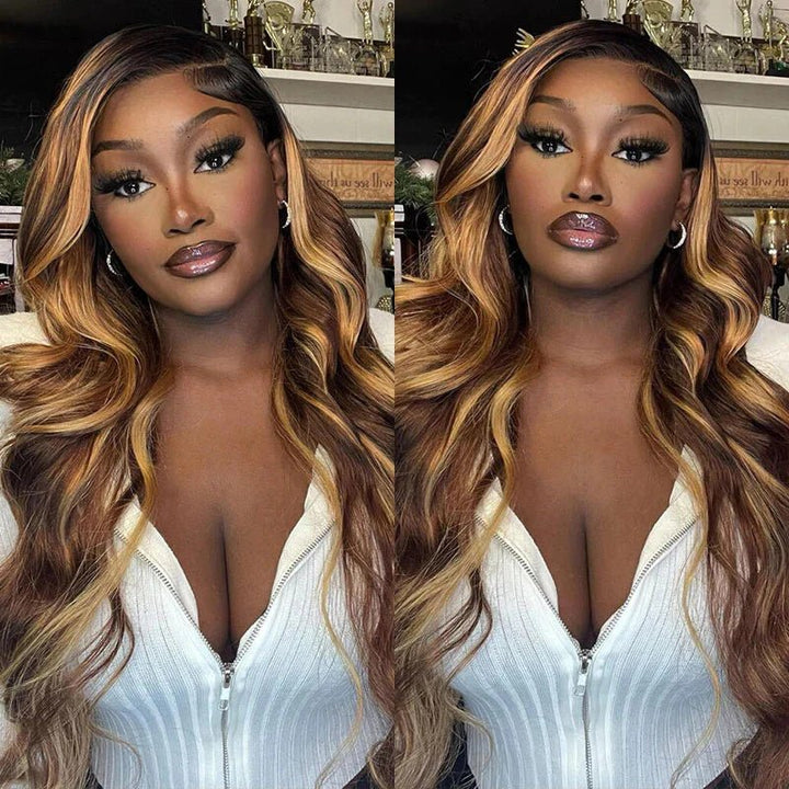 Honey Blonde Highlight Brown Ombre Color Wavy Free Part Melt 3 Bundles With 4x4 Lace Closure - Msgem Hair