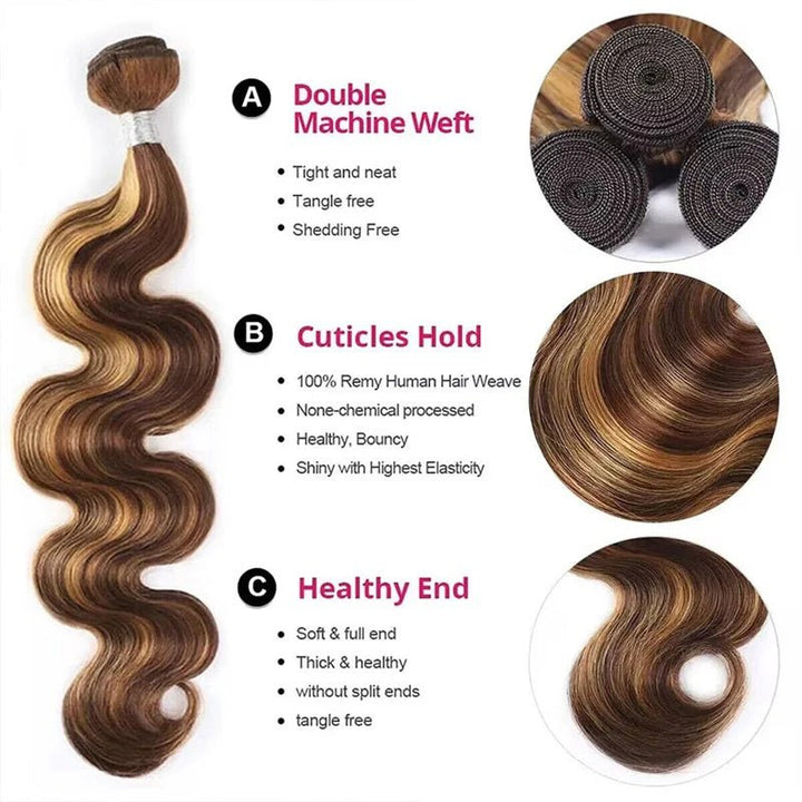 Honey Blonde Highlight Brown Ombre Color Wavy Free Part Melt 3 Bundles With 4x4 Lace Closure - Msgem Hair