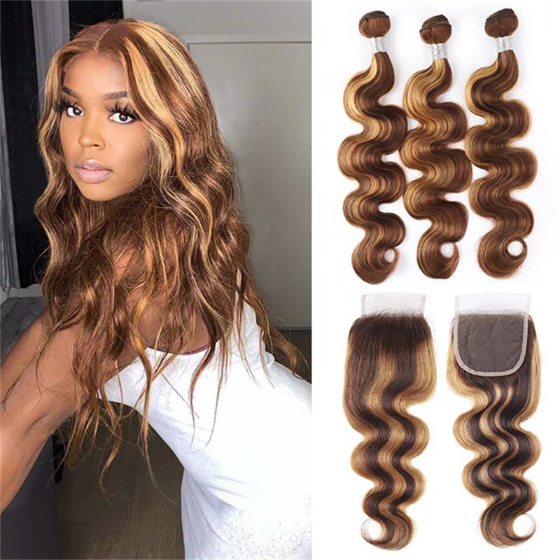 Honey Blonde Highlight Brown Ombre Color Wavy Free Part Melt 3 Bundles With 4x4 Lace Closure - Msgem Hair