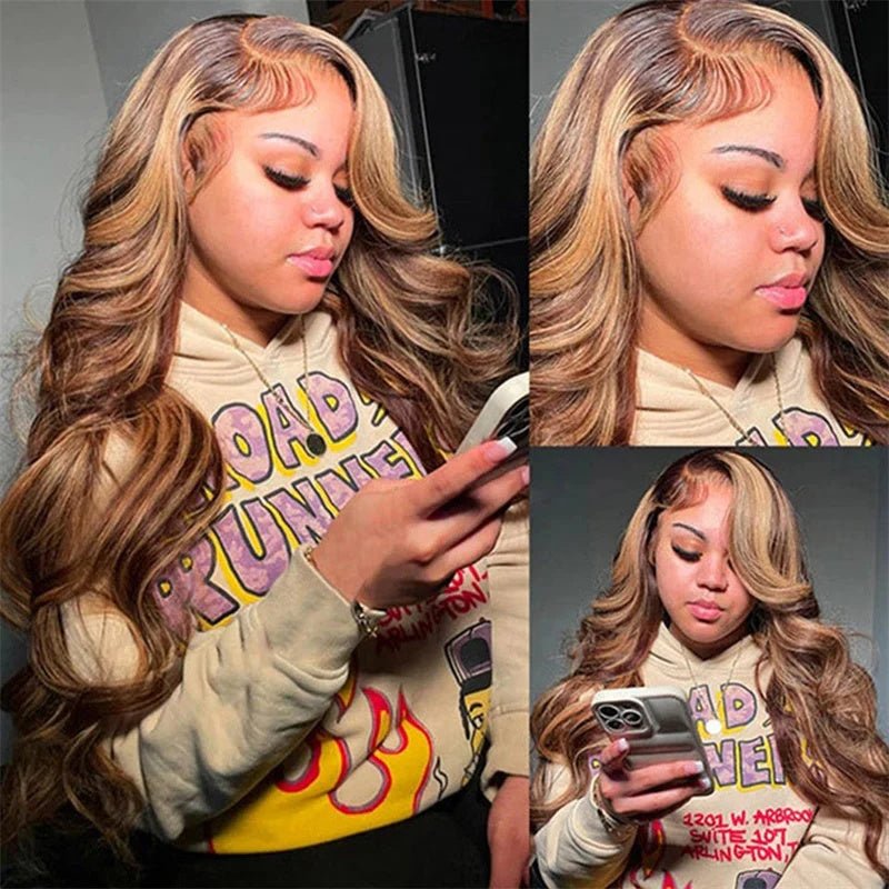 Honey Blonde Highlight Brown Ombre Color Wavy Free Part Melt 3 Bundles With 4x4 Lace Closure - Msgem Hair