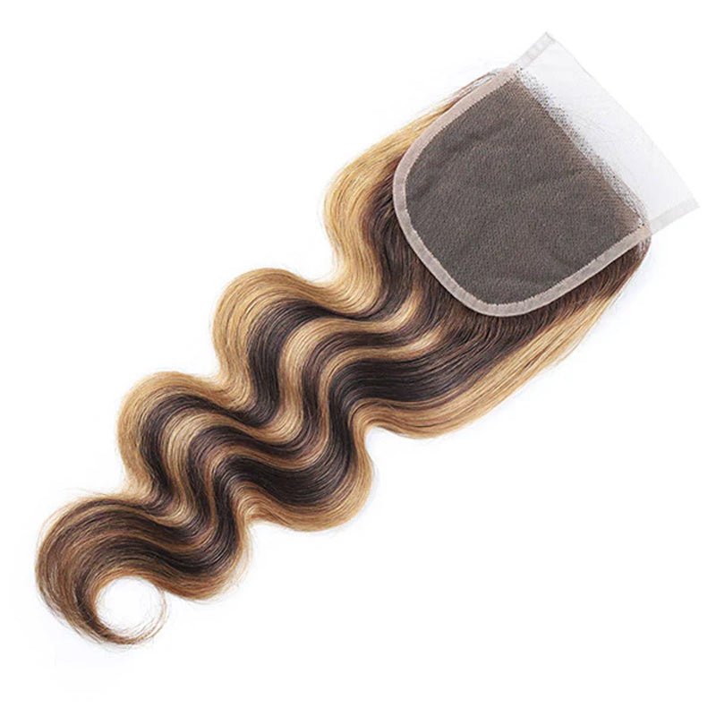 Honey Blonde Highlight Brown Ombre Color Wavy Free Part Melt 3 Bundles With 4x4 Lace Closure - Msgem Hair