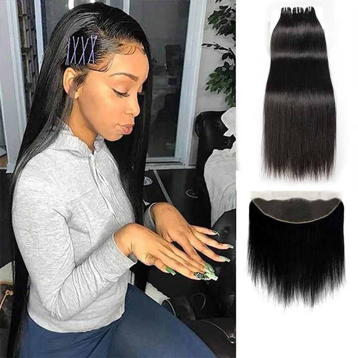 Indian 100% Virgin Human Hair 4pcs/pack Straight Hair Bundles With 13*4 Lace Frontal - Msgem Hair