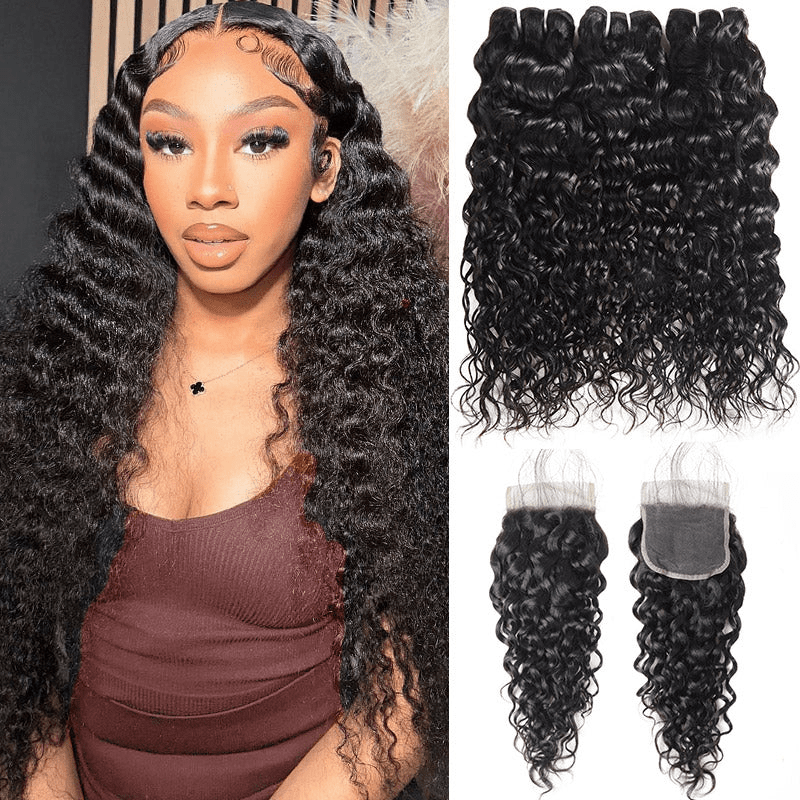 Indian Unprocessed 3 Bundles Water Wave Virgin Hair With 4x4 Lace Closure - Msgem Hair