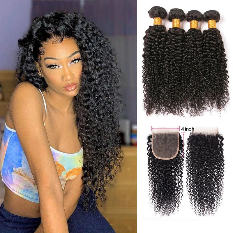 Kinky Curly Hair 4 Bundles With 4x4 Lace Closure Virgin Human Hair - Msgem Hair