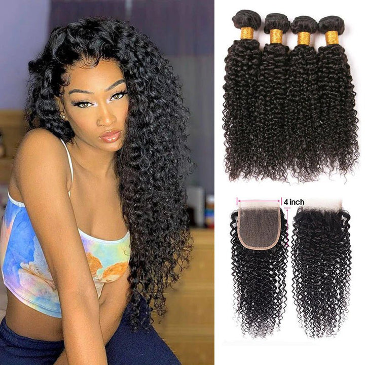 Kinky Curly Hair 4 Bundles With 4x4 Lace Closure Virgin Human Hair - Msgem Hair