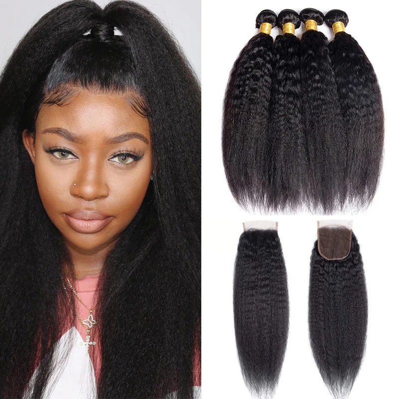 Kinky Straight Hair 4 Bundles With 4x4 Lace Closure Human Hair - Msgem Hair