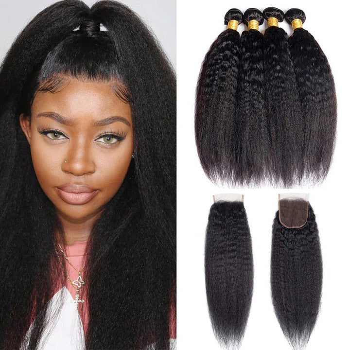 Kinky Straight Hair 4 Bundles With 4x4 Lace Closure Human Hair - Msgem Hair