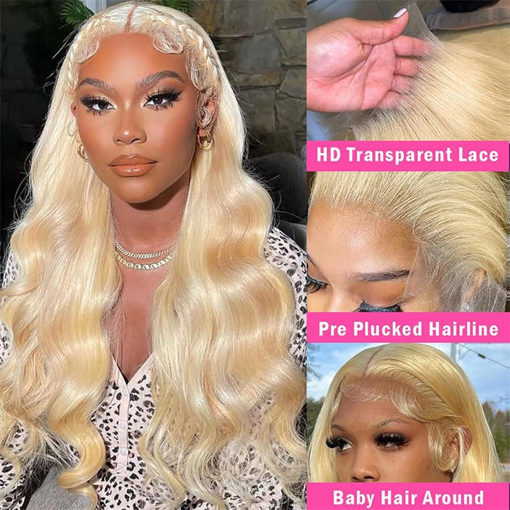 Msgem 13x4 Full Lace Front Wig 613 Blonde HD Transparent Lace Body Wave Hair With Pre-plucked Natural Hairline