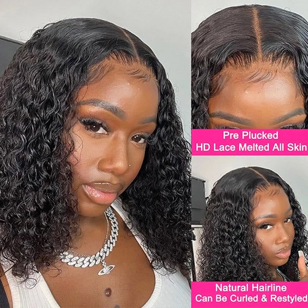 Msgem 13x4 Lace Front Wigs Human Hair Natural Black Water Wave Short Bob Wig - Msgem Hair