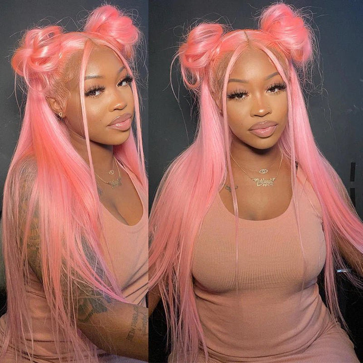 Msgem 13x6 Lace Frontal Human Hair Wig Party Pink Straight Hair Transparent HD 13x4 Lace Front Wigs - Msgem Hair