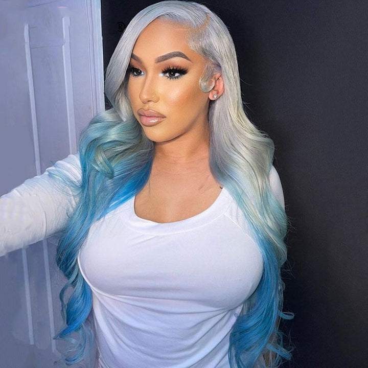 Msgem 180% Hair Density Silver Gray Human Hair Wig With Blue Underneath 13x6 Lace Frontal Wig - Msgem Hair
