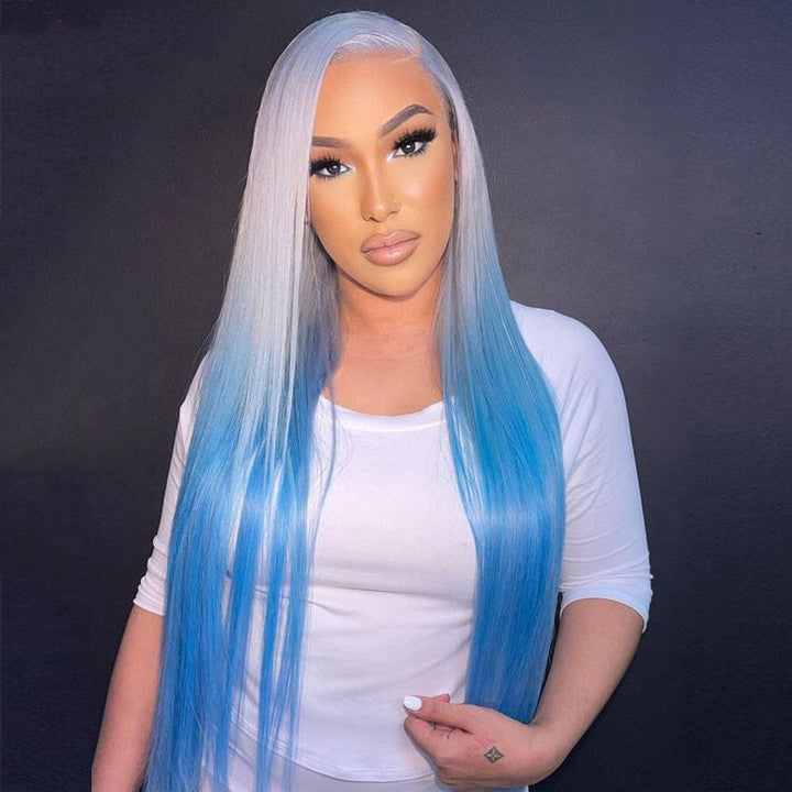 Msgem 180% Hair Density Silver Gray Human Hair Wig With Blue Underneath 13x6 Lace Frontal Wig - Msgem Hair