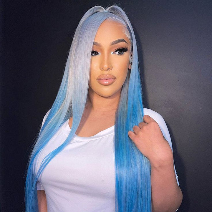 Msgem 180% Hair Density Silver Gray Human Hair Wig With Blue Underneath 13x6 Lace Frontal Wig - Msgem Hair
