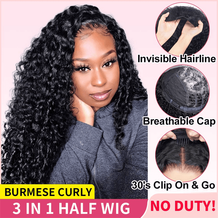 Msgem 3 In 1 Half Wig Burmese Curly Glueless Flexi - Fit Drawstring Human Hair Wigs - Msgem Hair