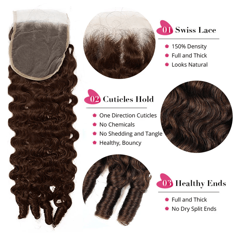 Msgem 4 Brown Burmese Curly Human Hair 3 Bundles With 4x4 5x5 Transparent Lace Closure - Msgem Hair