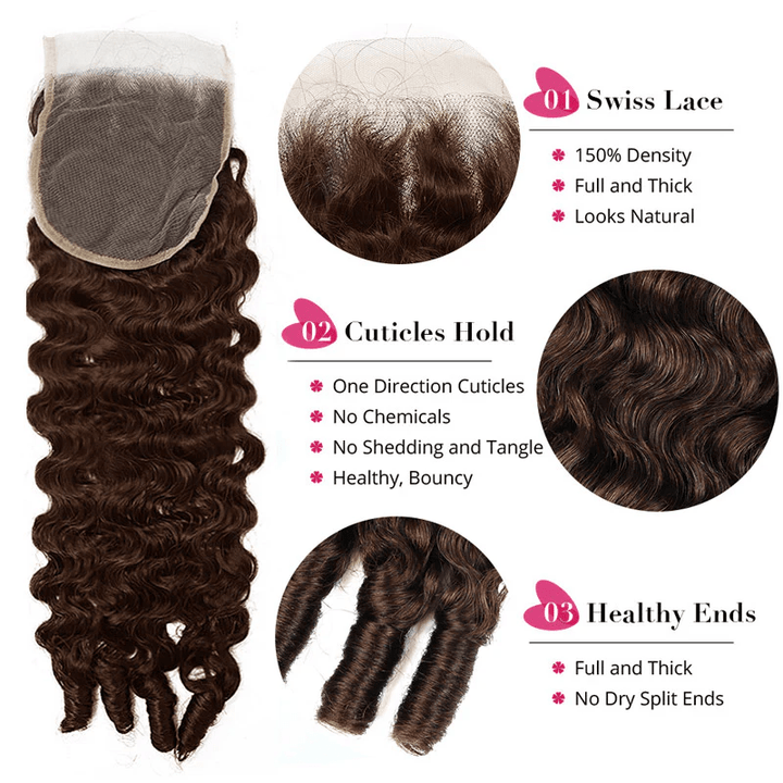 Msgem 4 Brown Burmese Curly Human Hair 3 Bundles With 4x4 5x5 Transparent Lace Closure - Msgem Hair