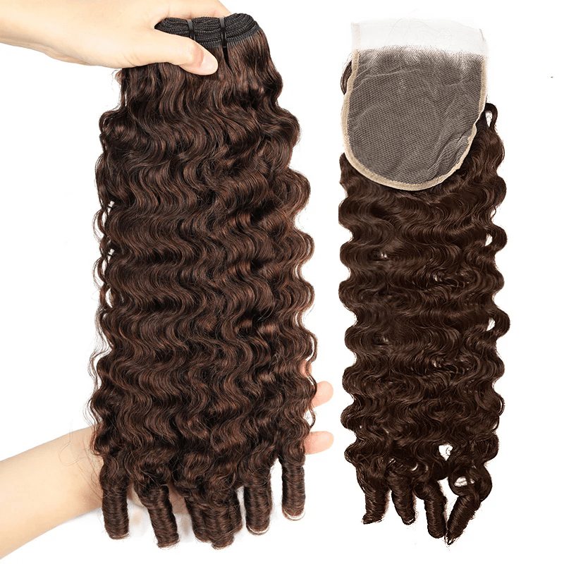 Msgem 4 Brown Burmese Curly Human Hair 3 Bundles With 4x4 5x5 Transparent Lace Closure - Msgem Hair