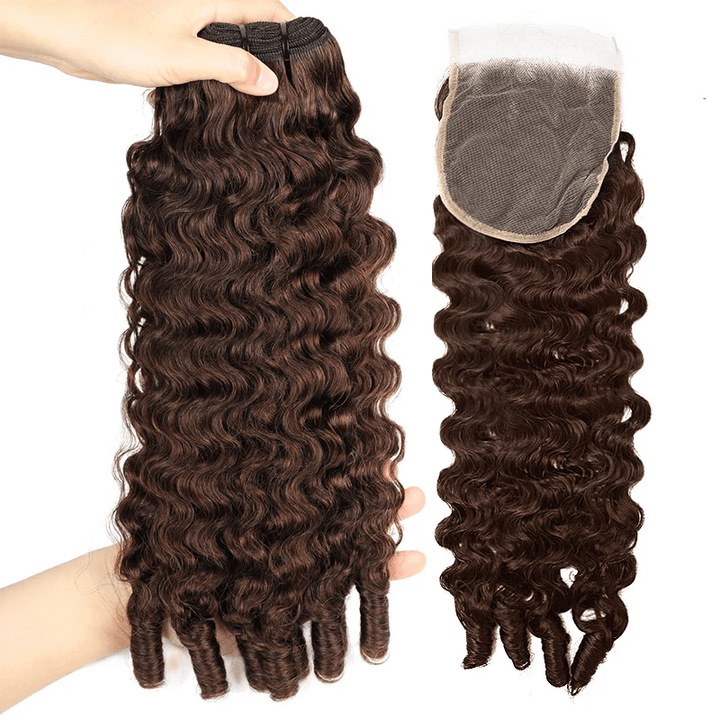 Msgem 4 Brown Burmese Curly Human Hair 3 Bundles With 4x4 5x5 Transparent Lace Closure - Msgem Hair