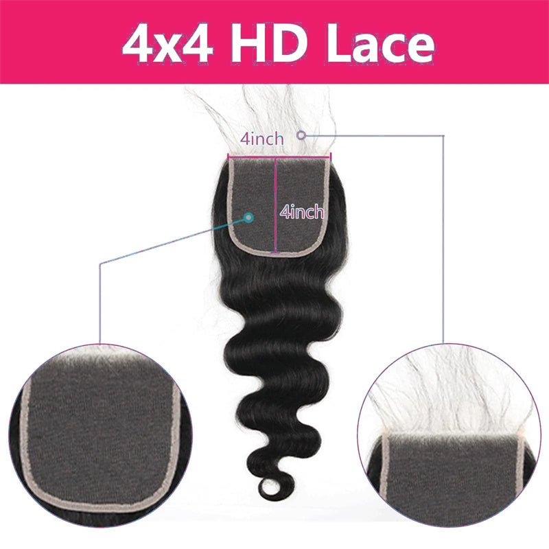 Msgem 4x4 HD Lace Closure Body Wave 100% Virgin Human Hair Pre Plucked with Baby Hair Natural Black - Msgem Hair