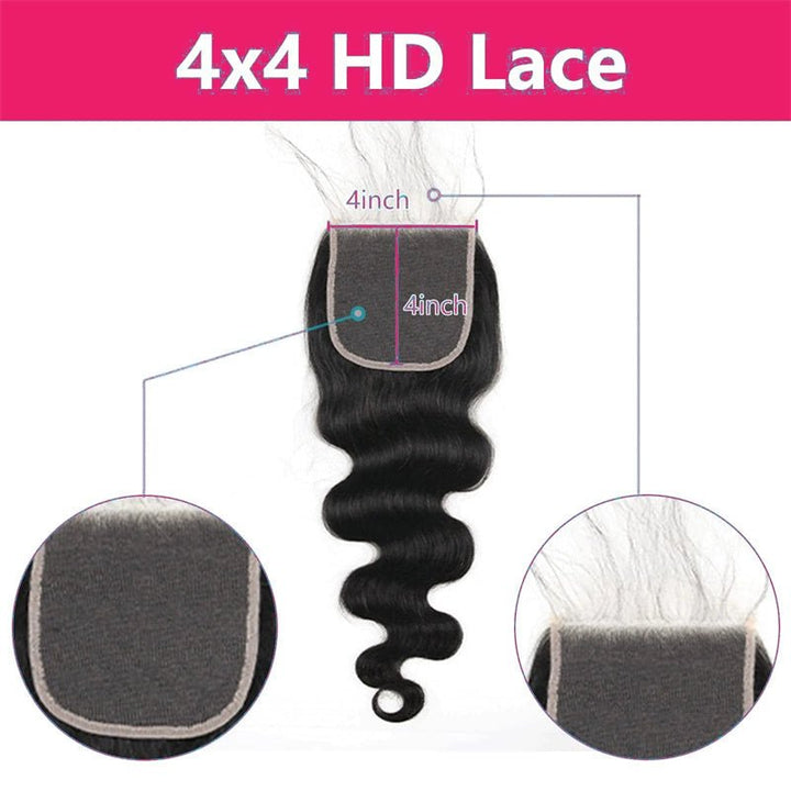 Msgem 4x4 HD Lace Closure Body Wave 100% Virgin Human Hair Pre Plucked with Baby Hair Natural Black - Msgem Hair