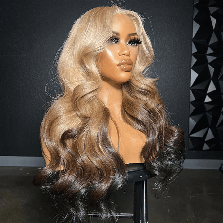 Msgem 613 Blonde Brown Ombre Lace Front Wigs Body Wave Human Hair Wigs 180% - Msgem Hair