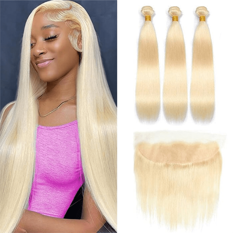 Msgem 613 Blonde Color Straight Human Hair 3 Bundles with 13x4 Lace Frontal Closure - Msgem Hair